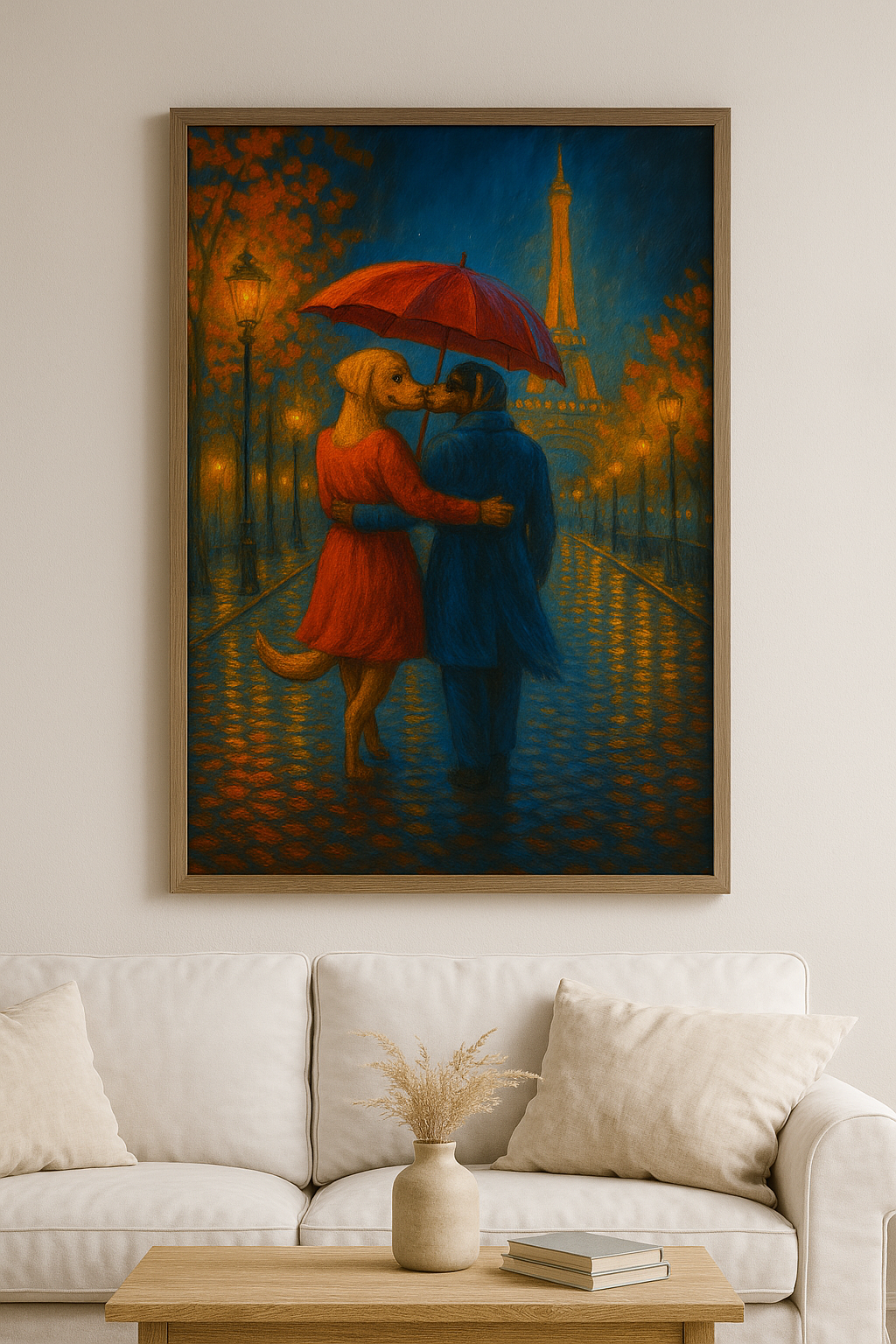 Lovers in Paris Framed Poster – Whimsical Dog-Themed Art Print