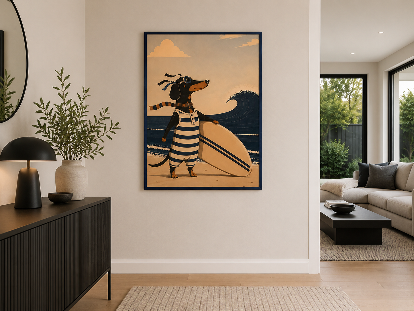 The Adventures of Gaston – Surfing the Côte d’Azur | Dachshund Wall Art | Vintage French Riviera Dog Poster | Sausage Dog Print