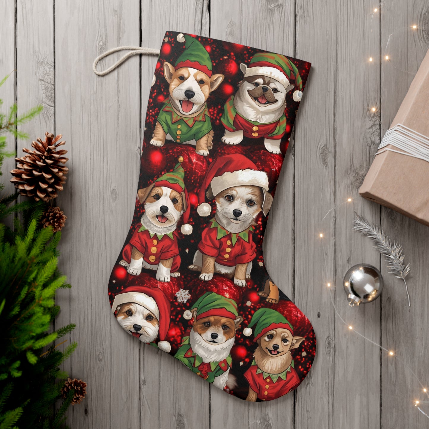 Santa Stocking with Cute Dogs as Santa's Elves