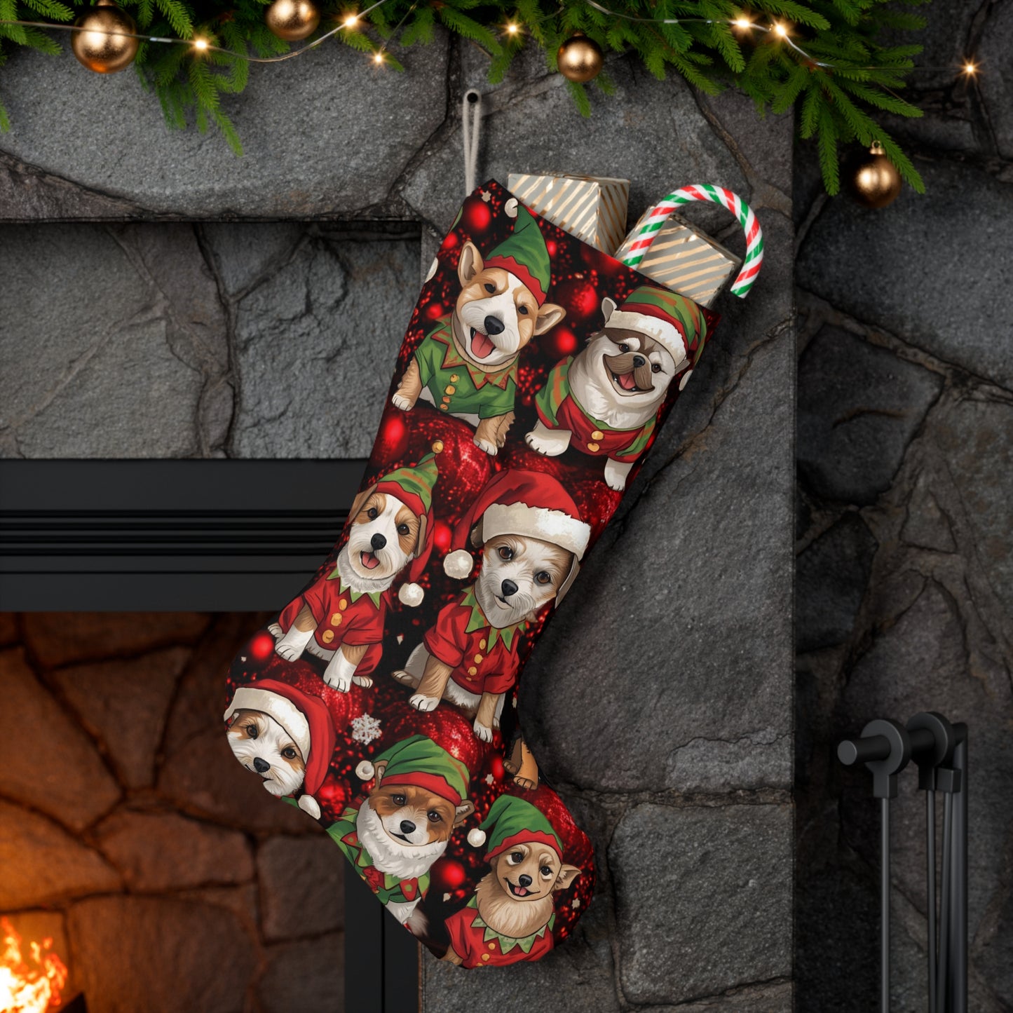 Santa Stocking with Cute Dogs as Santa's Elves