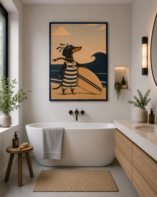 The Adventures of Gaston – Surfing the Côte d’Azur | Dachshund Wall Art | Vintage French Riviera Dog Poster | Sausage Dog Print