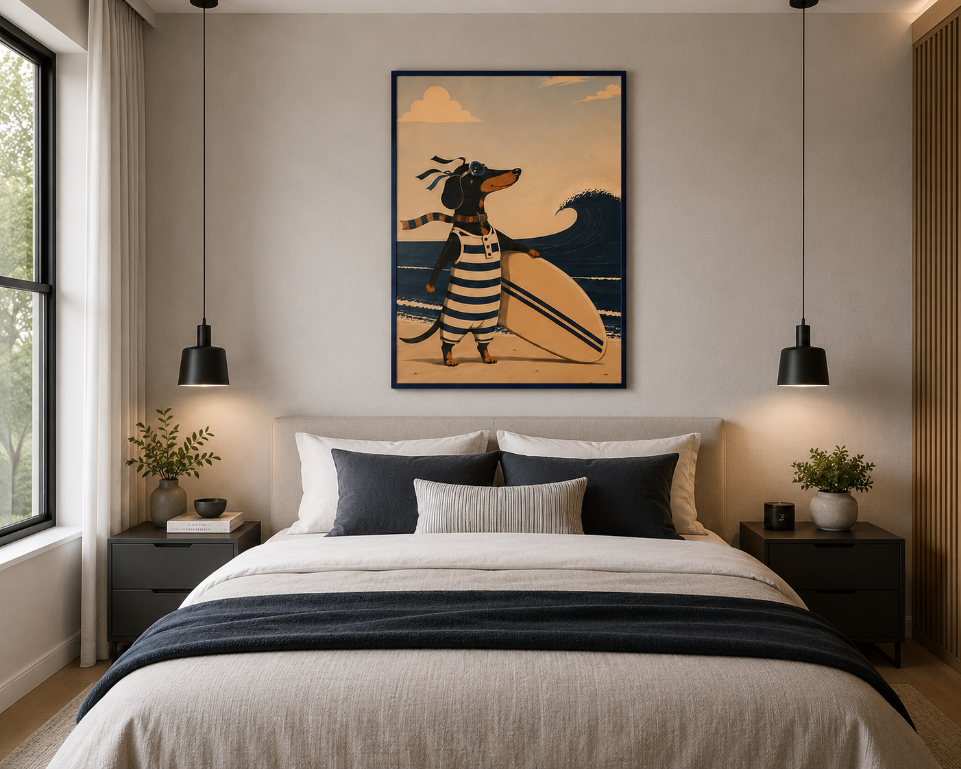 The Adventures of Gaston – Surfing the Côte d’Azur | Dachshund Wall Art | Vintage French Riviera Dog Poster | Sausage Dog Print
