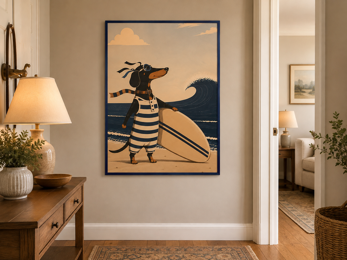 The Adventures of Gaston – Surfing the Côte d’Azur | Dachshund Wall Art | Vintage French Riviera Dog Poster | Sausage Dog Print