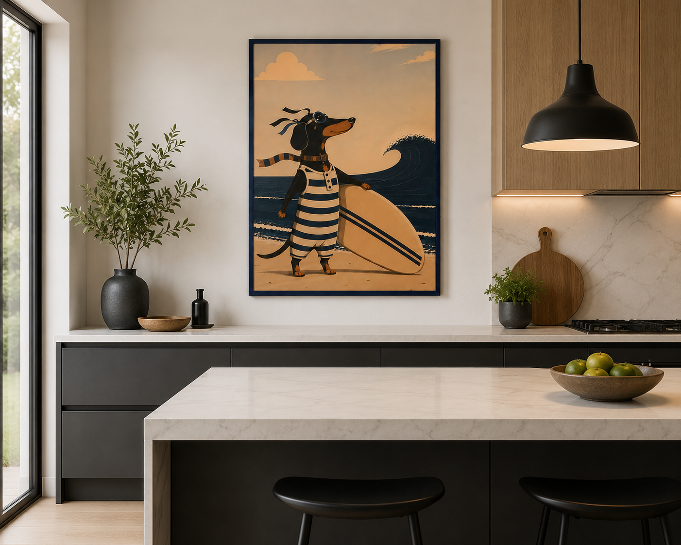 The Adventures of Gaston – Surfing the Côte d’Azur | Dachshund Wall Art | Vintage French Riviera Dog Poster | Sausage Dog Print
